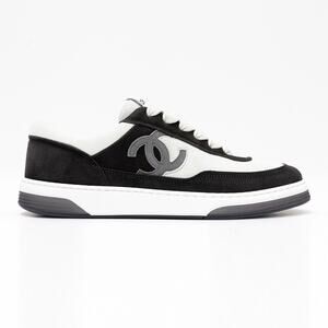 Chanel REV Black Grey Suede White CC Logo Lace Up Runner Trainer Sneaker 38
